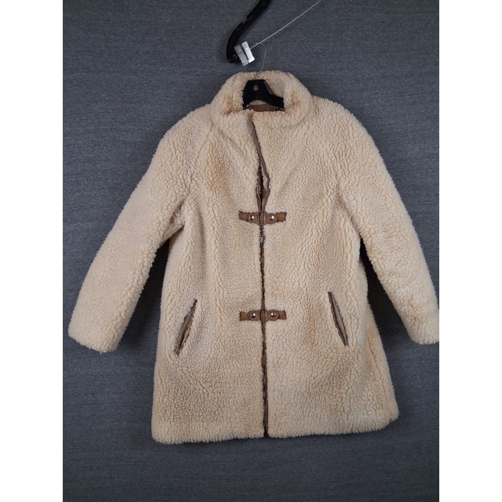 Vintage White Stag Fashions Womens Coat M Cream Sherpa Leather Trim 80s USA